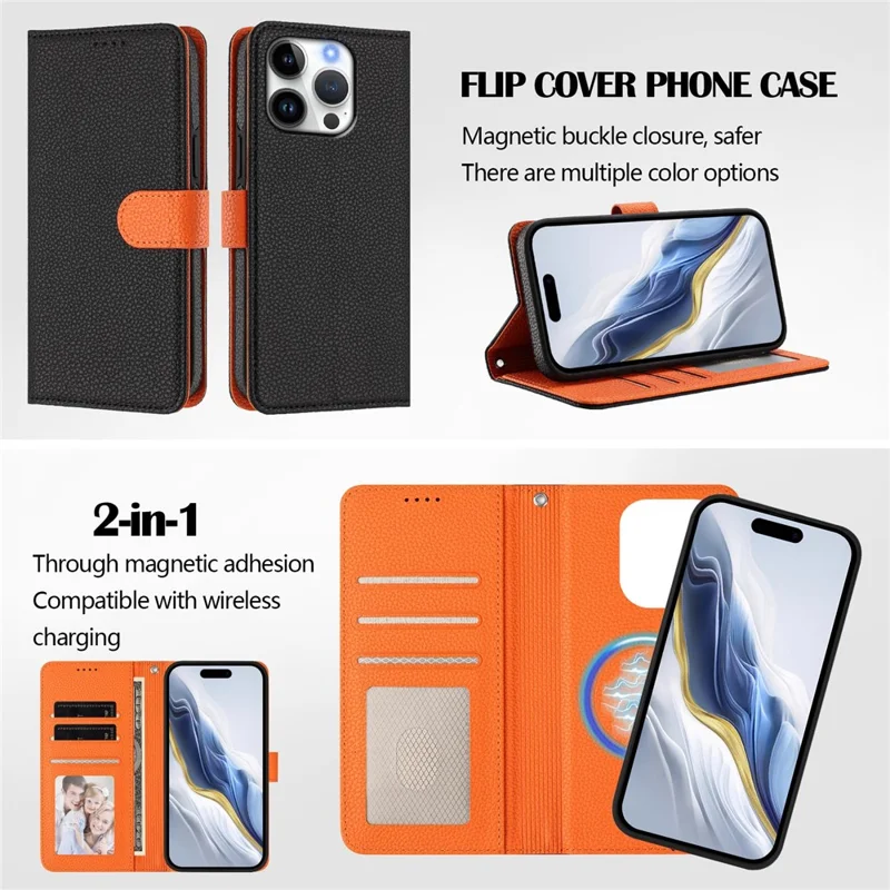 For iPhone 16 Pro Max Leather Case Compatible with MagSafe Detachable Wallet Phone Cover with Hand Strap - Black  /  Orange