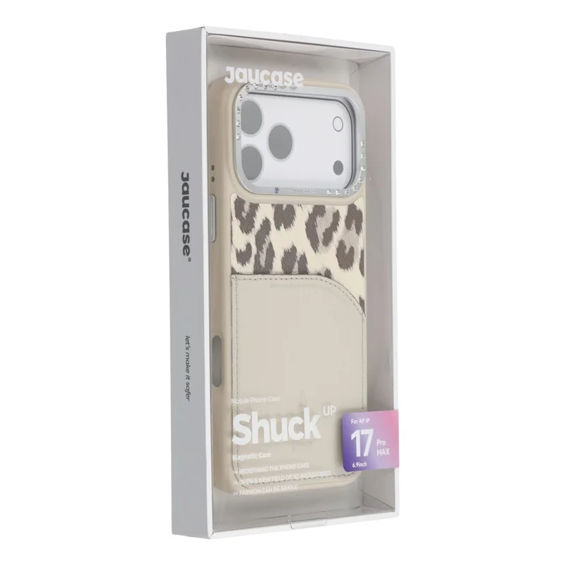 JAUCASE Pour iPhone 17 Pro Max Étui Magnétique Imprimé Léopard Porte-Carte Coque Arrière en PU TPU PC - Blanc