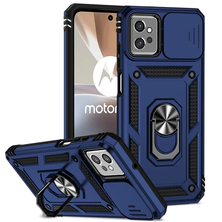 Funda trasera para Motorola Moto G32 4G, diseño de protector de cámara deslizante, protección antichoques de PC + TPU, funda de teléfono con soporte para anillo de metal - Azul