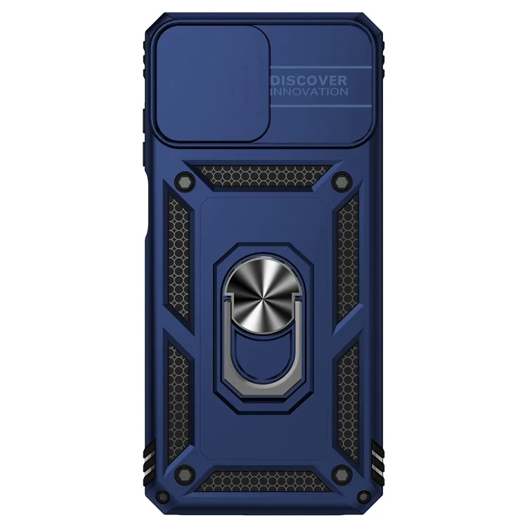 Funda trasera para Motorola Moto G32 4G, diseño de protector de cámara deslizante, protección antichoques de PC + TPU, funda de teléfono con soporte para anillo de metal - Azul