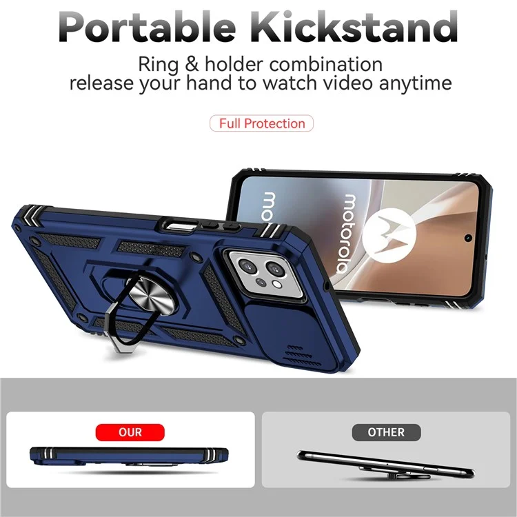 Funda trasera para Motorola Moto G32 4G, diseño de protector de cámara deslizante, protección antichoques de PC + TPU, funda de teléfono con soporte para anillo de metal - Azul