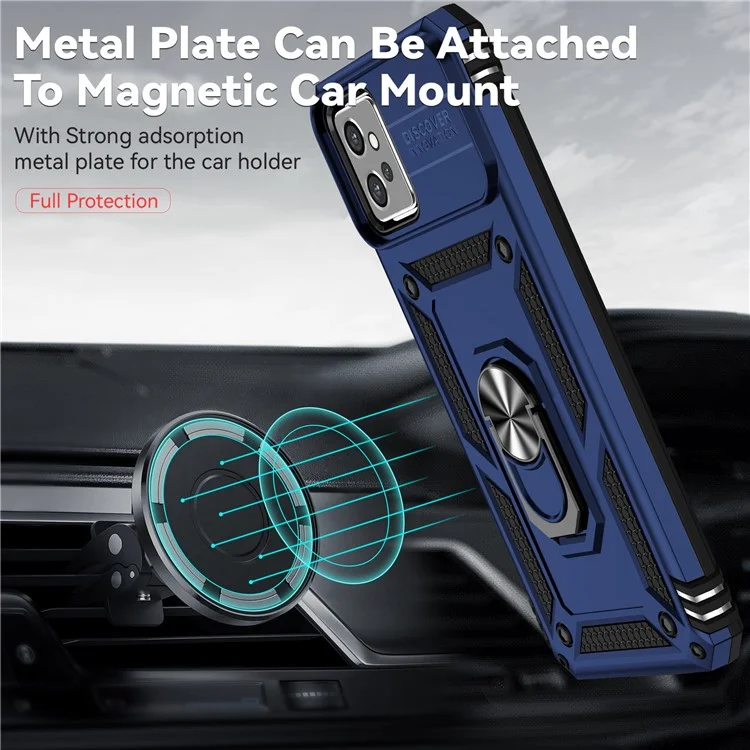 Funda trasera para Motorola Moto G32 4G, diseño de protector de cámara deslizante, protección antichoques de PC + TPU, funda de teléfono con soporte para anillo de metal - Azul