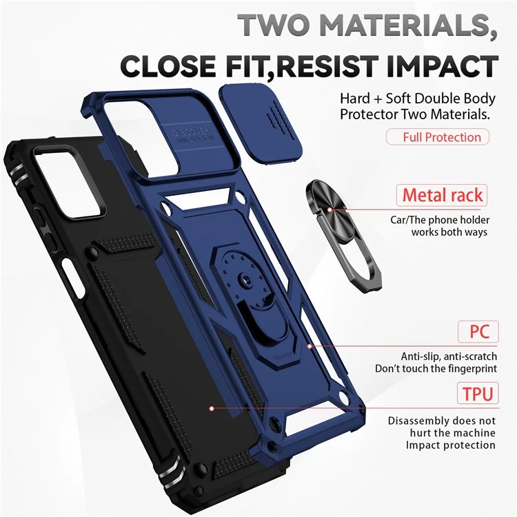 Funda trasera para Motorola Moto G32 4G, diseño de protector de cámara deslizante, protección antichoques de PC + TPU, funda de teléfono con soporte para anillo de metal - Azul