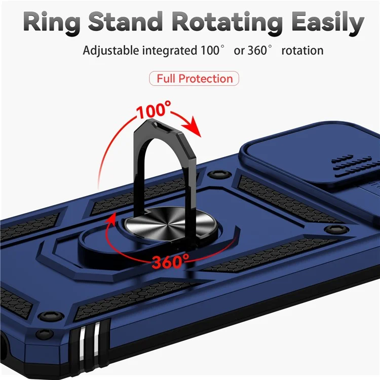 Funda trasera para Motorola Moto G32 4G, diseño de protector de cámara deslizante, protección antichoques de PC + TPU, funda de teléfono con soporte para anillo de metal - Azul