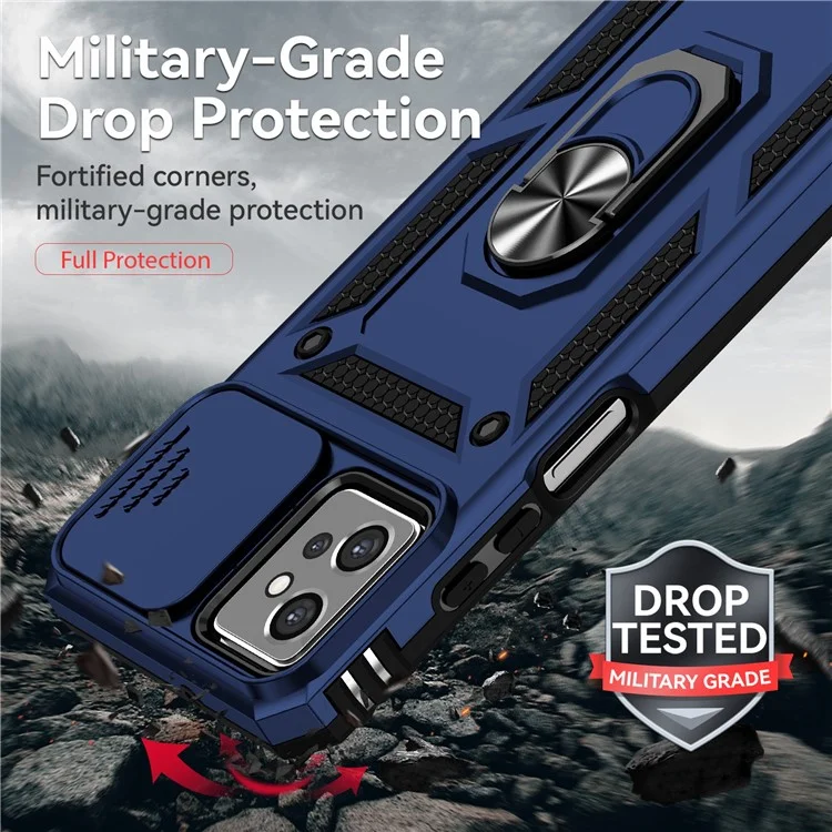 Funda trasera para Motorola Moto G32 4G, diseño de protector de cámara deslizante, protección antichoques de PC + TPU, funda de teléfono con soporte para anillo de metal - Azul