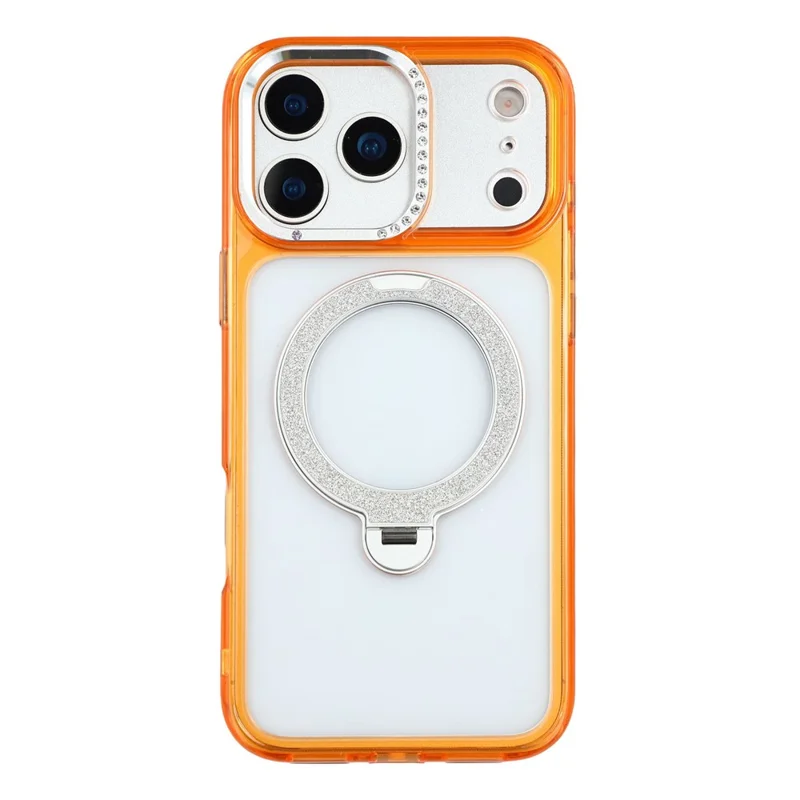 JAUCASE For iPhone 17 Pro Case Glitter Kickstand Rhinestone Lens Frame TPU + PC Phone Cover - Transparent Orange