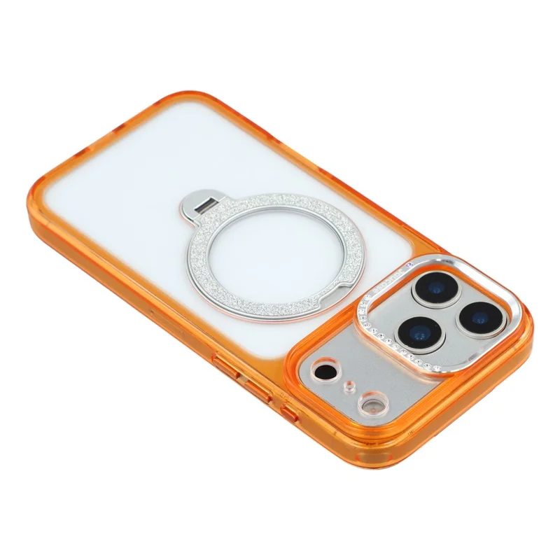JAUCASE For iPhone 17 Pro Case Glitter Kickstand Rhinestone Lens Frame TPU + PC Phone Cover - Transparent Orange