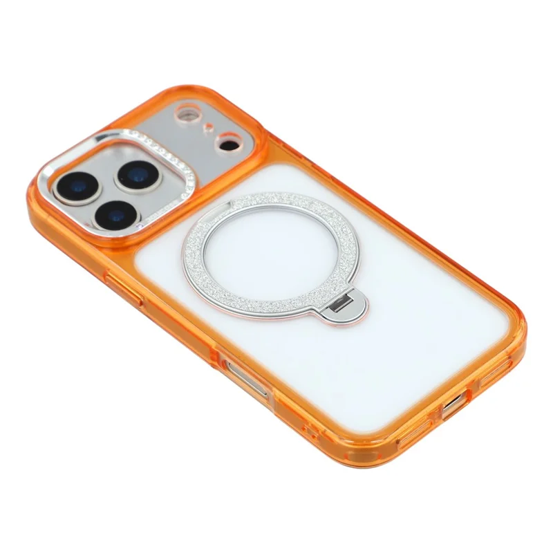 Étui pour iPhone 17 Pro Max JAUCASE Paillettes Support Cadre de lentille Rhinestone TPU + PC Transparent Orange