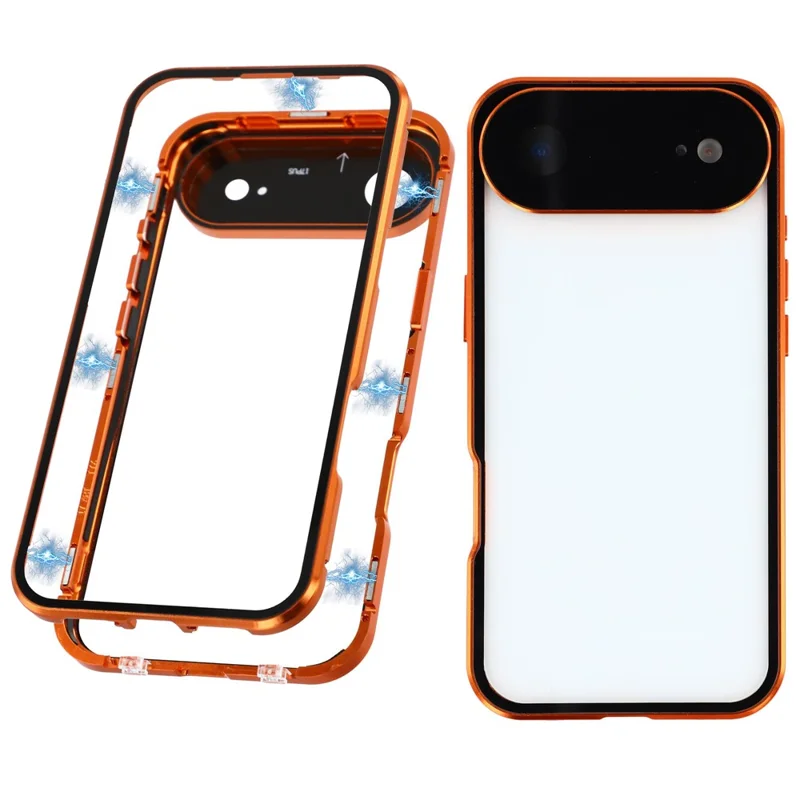 iPhone Air Hülle Ultra Clear Doppelseitiges Gehärtetes Glas + Magnetischer Metallrahmen Handyhülle - Orange