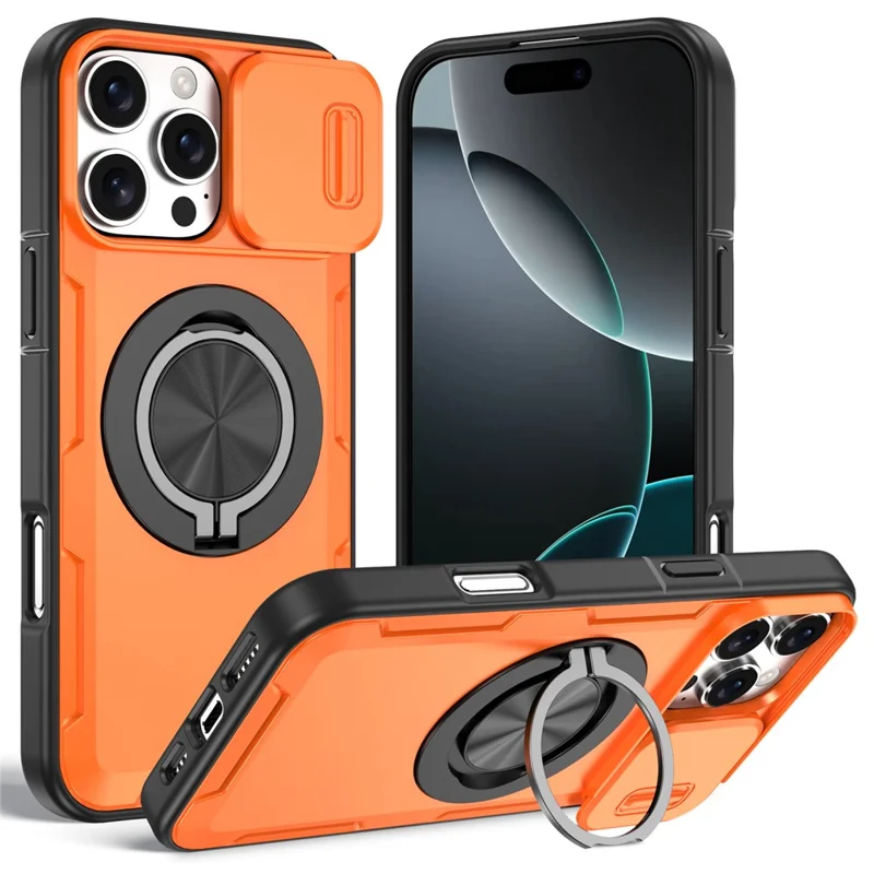 iPhone 16 Pro Max Magnetische Hülle Schiebbare Kameraabdeckung Drehbarer Ständer PC + TPU Handyhülle - Orange
