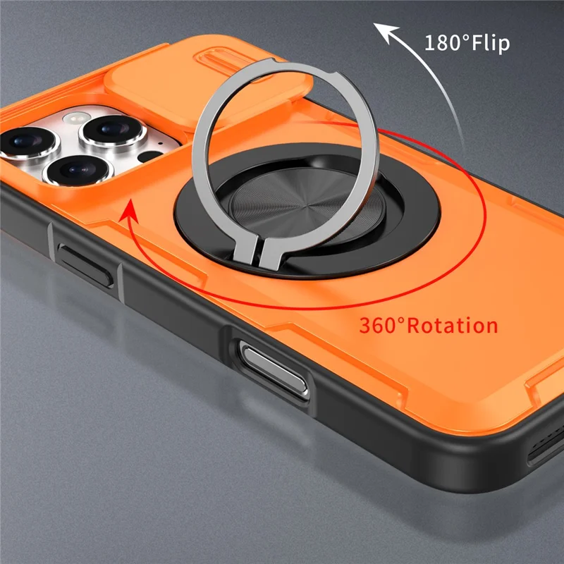 iPhone 16 Pro Max Magnetische Hülle Schiebbare Kameraabdeckung Drehbarer Ständer PC + TPU Handyhülle - Orange