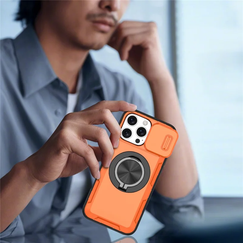 iPhone 16 Pro Max Magnetische Hülle Schiebbare Kameraabdeckung Drehbarer Ständer PC + TPU Handyhülle - Orange