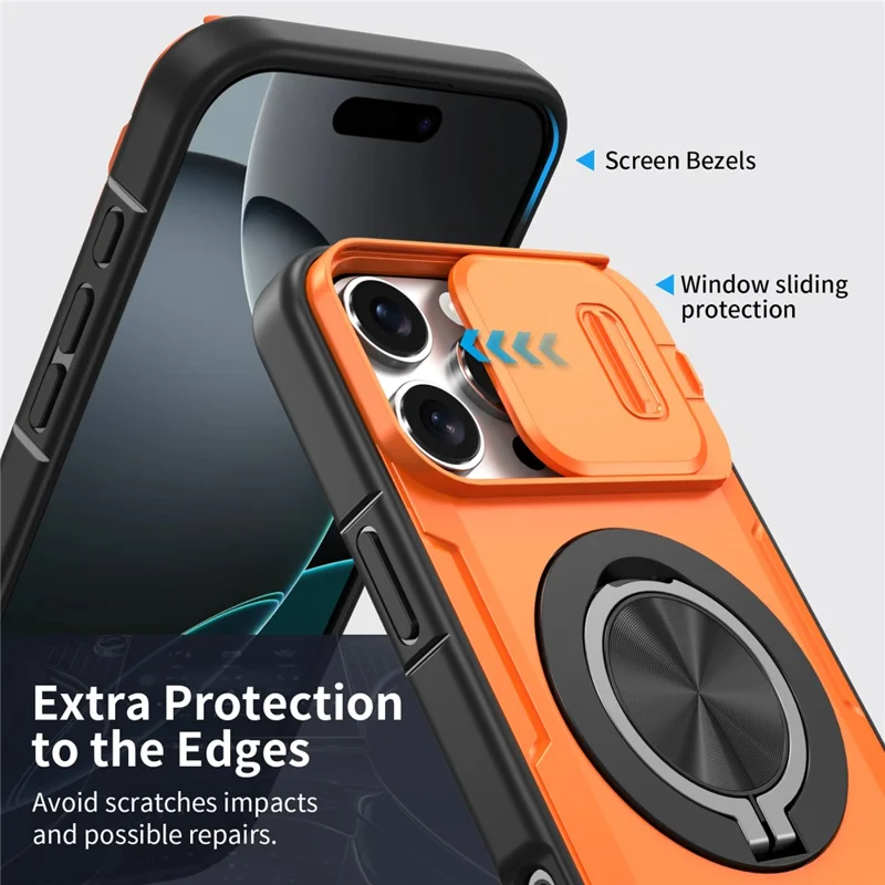 iPhone 16 Pro Max Magnetische Hülle Schiebbare Kameraabdeckung Drehbarer Ständer PC + TPU Handyhülle - Orange
