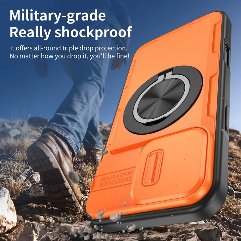 iPhone 16 Pro Max Magnetische Hülle Schiebbare Kameraabdeckung Drehbarer Ständer PC + TPU Handyhülle - Orange