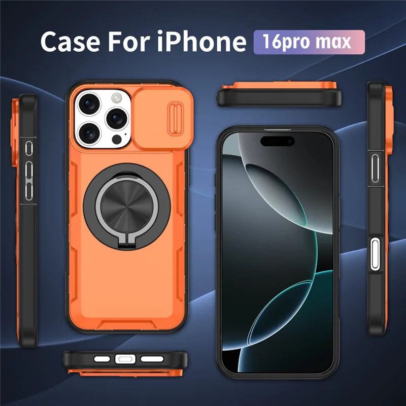 iPhone 16 Pro Max Magnetische Hülle Schiebbare Kameraabdeckung Drehbarer Ständer PC + TPU Handyhülle - Orange