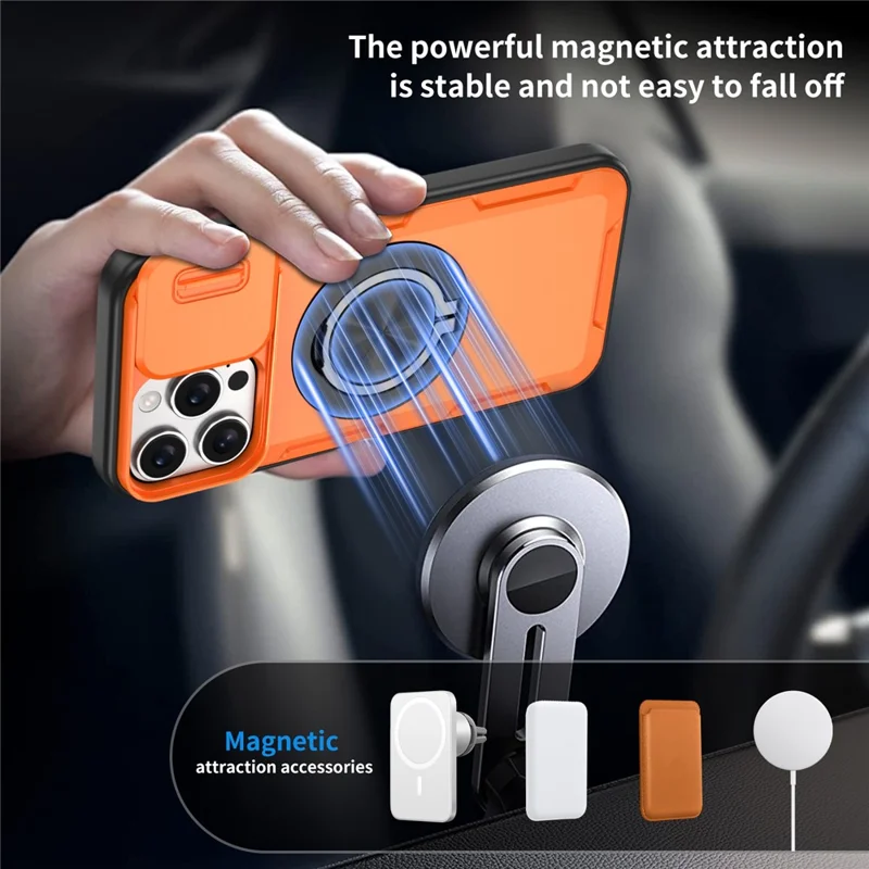 Custodia magnetica per iPhone 16 Pro, copertura scorrevole per la fotocamera, supporto rotante, custodia per telefono in PC + TPU - Arancione