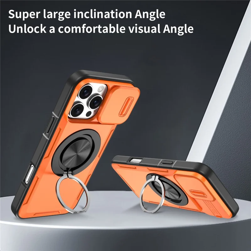 Custodia magnetica per iPhone 16 Pro, copertura scorrevole per la fotocamera, supporto rotante, custodia per telefono in PC + TPU - Arancione