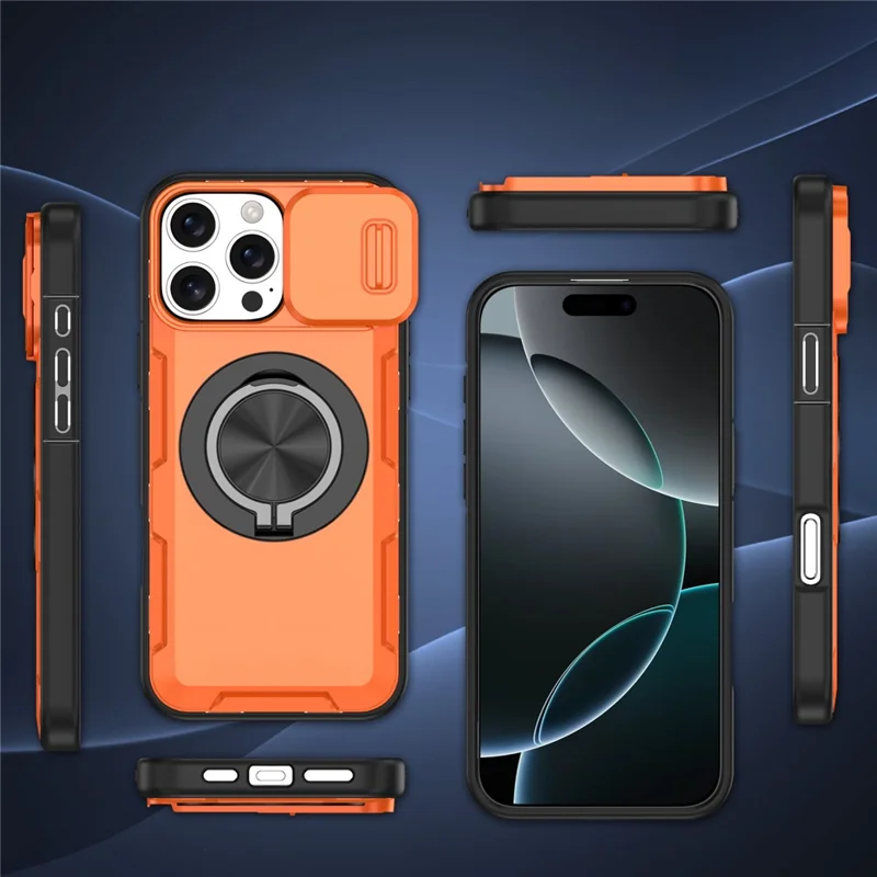 Custodia magnetica per iPhone 16 Pro, copertura scorrevole per la fotocamera, supporto rotante, custodia per telefono in PC + TPU - Arancione