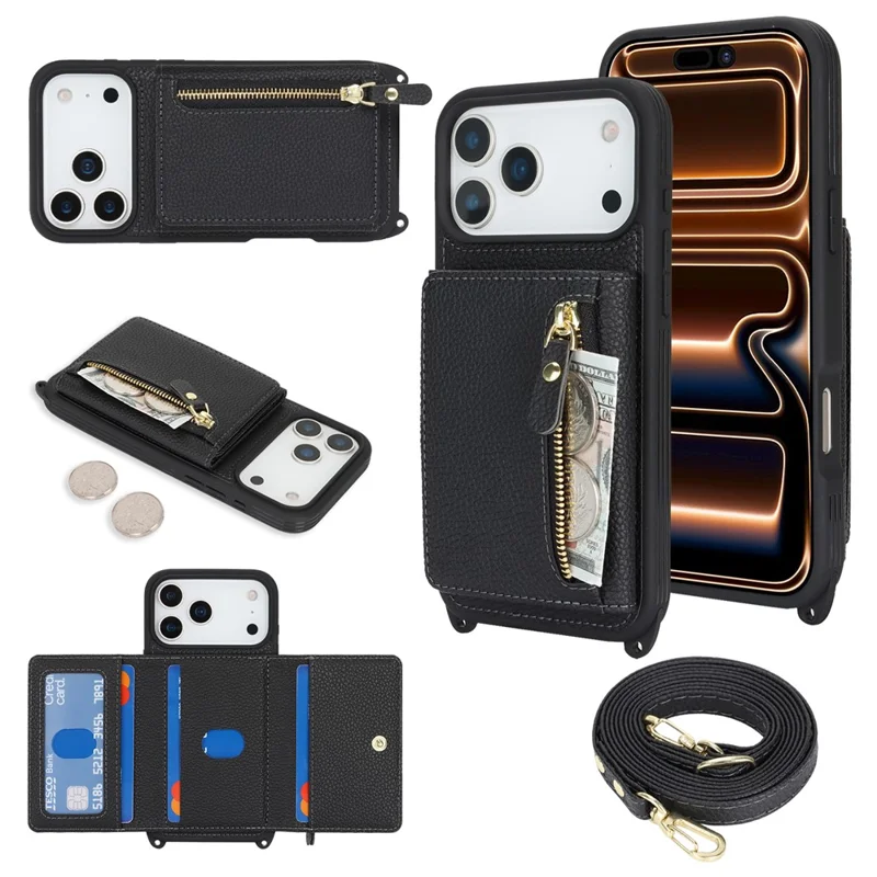 For iPhone 17 Pro Case Card Bag Ring Holder Litchi-structuur Leren+TPU Telefoonhoes met Lange Band - Zwart