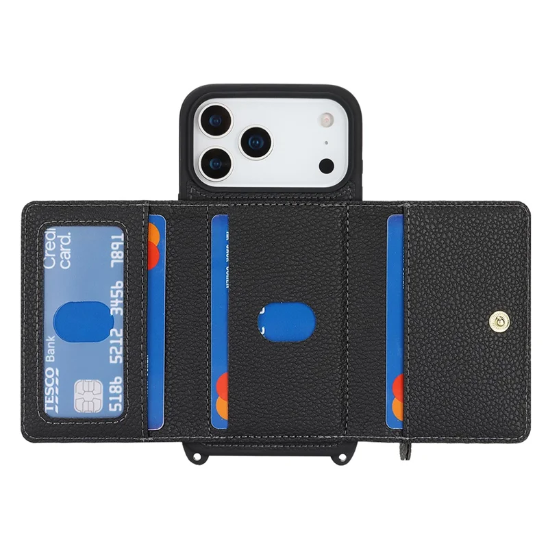For iPhone 17 Pro Case Card Bag Ring Holder Litchi-structuur Leren+TPU Telefoonhoes met Lange Band - Zwart