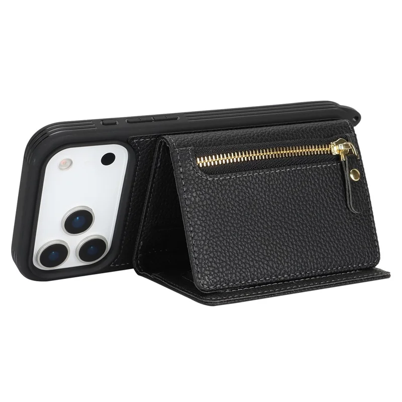 For iPhone 17 Pro Case Card Bag Ring Holder Litchi-structuur Leren+TPU Telefoonhoes met Lange Band - Zwart