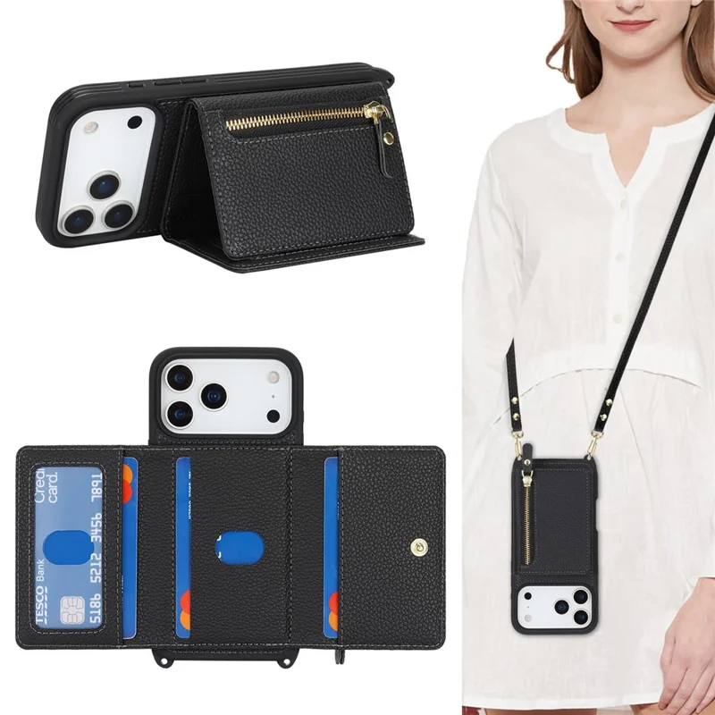 For iPhone 17 Pro Case Card Bag Ring Holder Litchi-structuur Leren+TPU Telefoonhoes met Lange Band - Zwart