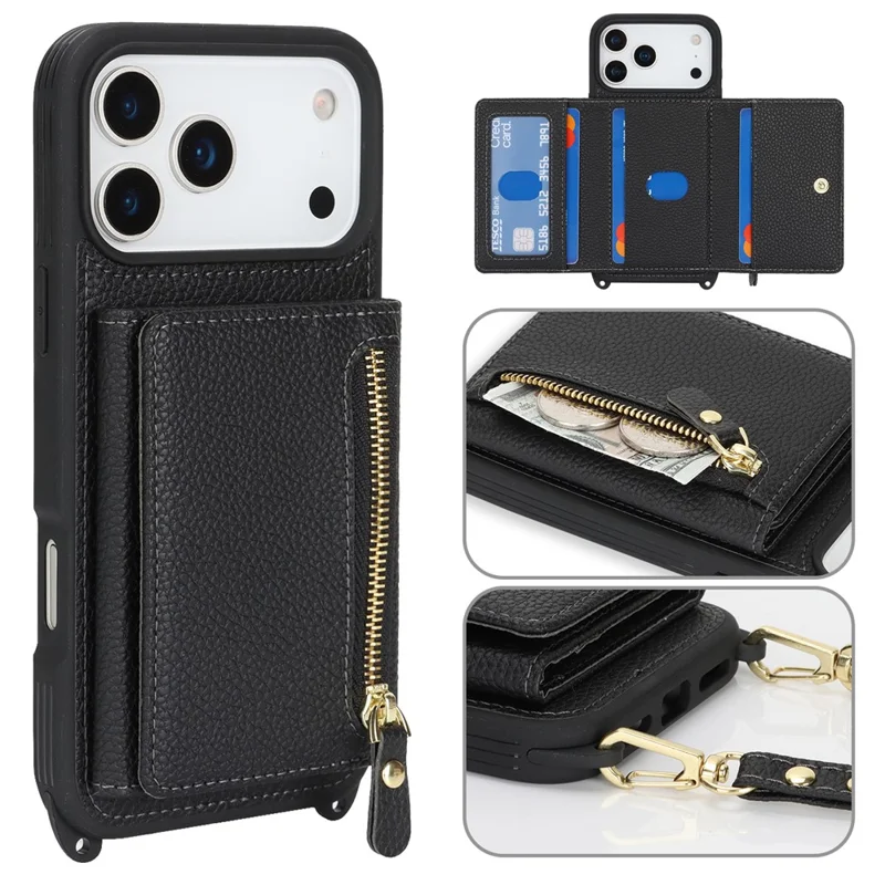For iPhone 17 Pro Case Card Bag Ring Holder Litchi-structuur Leren+TPU Telefoonhoes met Lange Band - Zwart