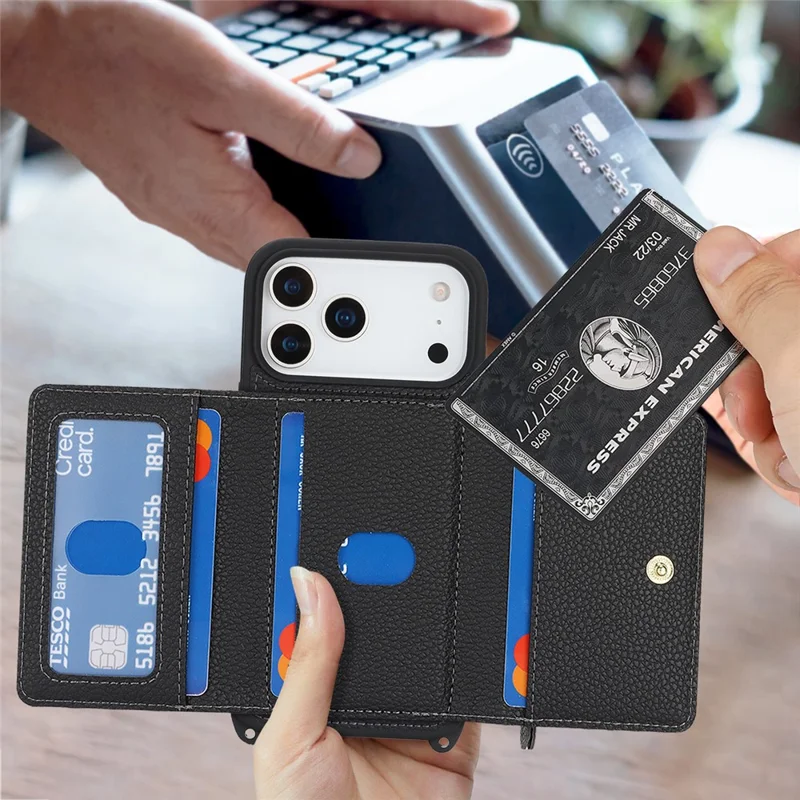 For iPhone 17 Pro Case Card Bag Ring Holder Litchi-structuur Leren+TPU Telefoonhoes met Lange Band - Zwart