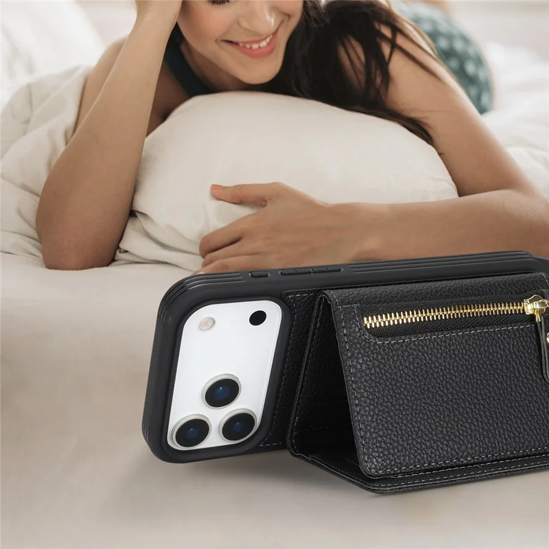 For iPhone 17 Pro Case Card Bag Ring Holder Litchi-structuur Leren+TPU Telefoonhoes met Lange Band - Zwart