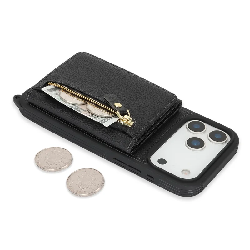 For iPhone 17 Pro Case Card Bag Ring Holder Litchi-structuur Leren+TPU Telefoonhoes met Lange Band - Zwart