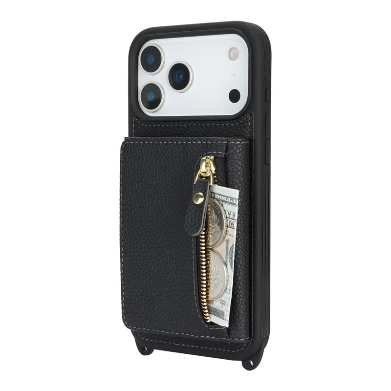 For iPhone 17 Pro Case Card Bag Ring Holder Litchi-structuur Leren+TPU Telefoonhoes met Lange Band - Zwart