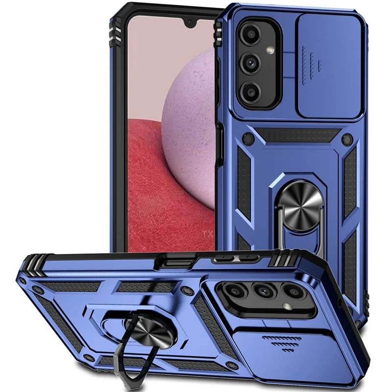Phone Drop-proof Case for Samsung Galaxy A14 5G / A14 4G Metal Ring Kickstand PC + TPU Protective Cover with Slide Camera Protector - Blue