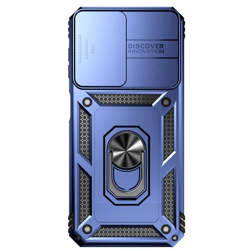 Phone Drop-proof Case for Samsung Galaxy A14 5G / A14 4G Metal Ring Kickstand PC + TPU Protective Cover with Slide Camera Protector - Blue