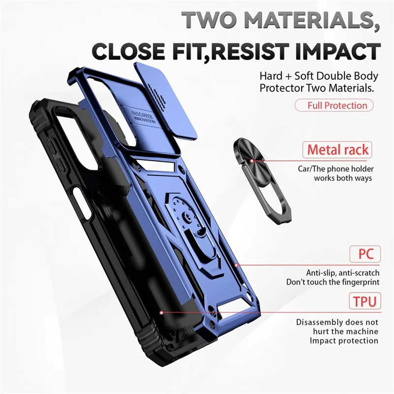 Phone Drop-proof Case for Samsung Galaxy A14 5G / A14 4G Metal Ring Kickstand PC + TPU Protective Cover with Slide Camera Protector - Blue