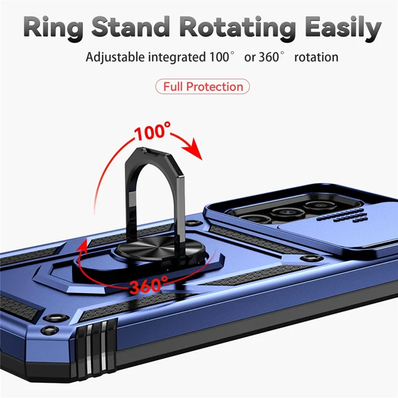 Phone Drop-proof Case for Samsung Galaxy A14 5G / A14 4G Metal Ring Kickstand PC + TPU Protective Cover with Slide Camera Protector - Blue