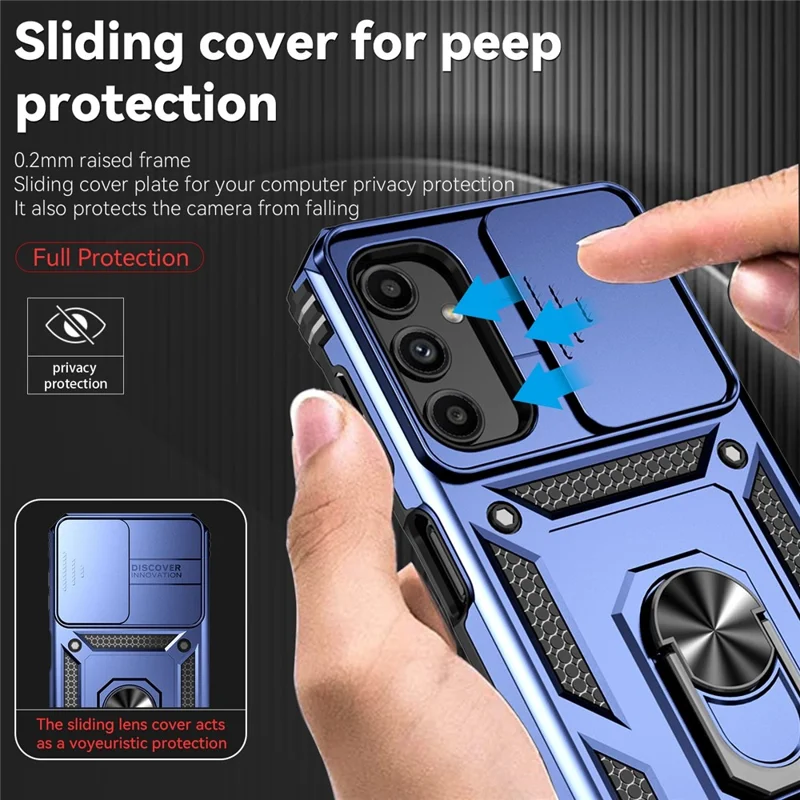 Phone Drop-proof Case for Samsung Galaxy A14 5G / A14 4G Metal Ring Kickstand PC + TPU Protective Cover with Slide Camera Protector - Blue