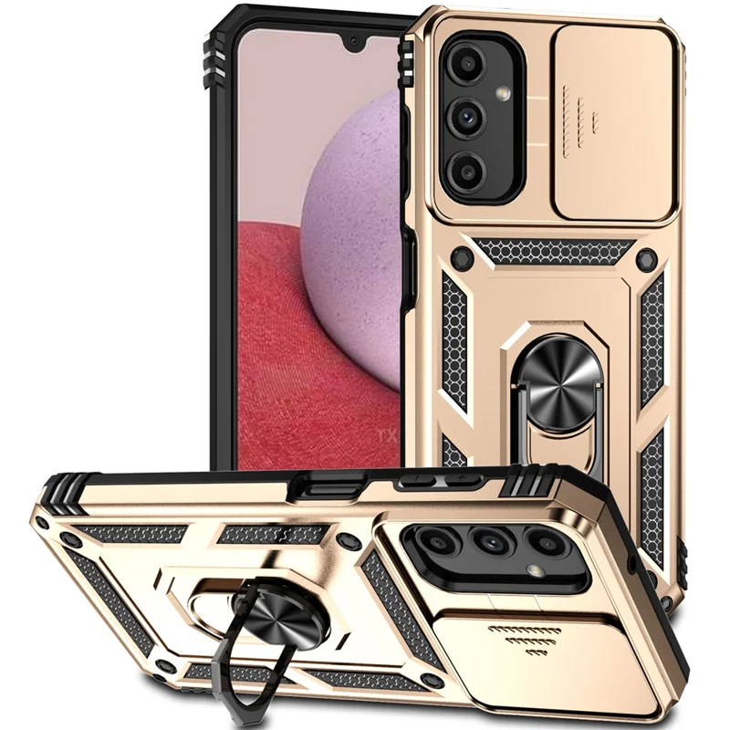 For Samsung Galaxy A14 5G / A14 4G Case PC+TPU Slide Camera Protector Phone Cover with Kickstand - Gold