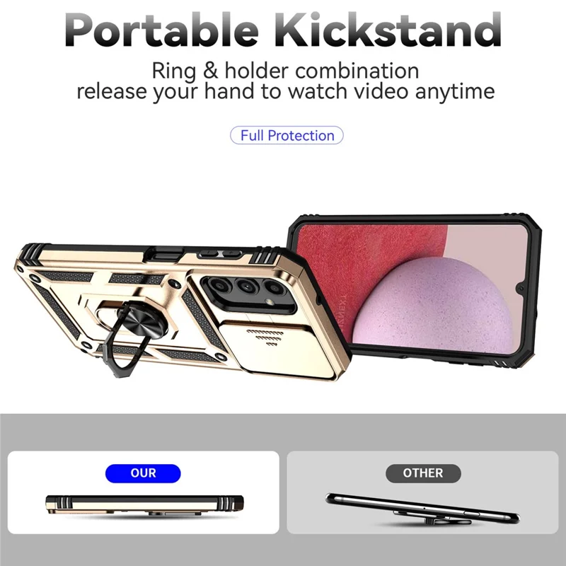 For Samsung Galaxy A14 5G / A14 4G Case PC+TPU Slide Camera Protector Phone Cover with Kickstand - Gold