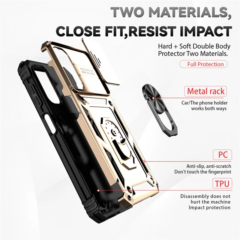 For Samsung Galaxy A14 5G / A14 4G Case PC+TPU Slide Camera Protector Phone Cover with Kickstand - Gold