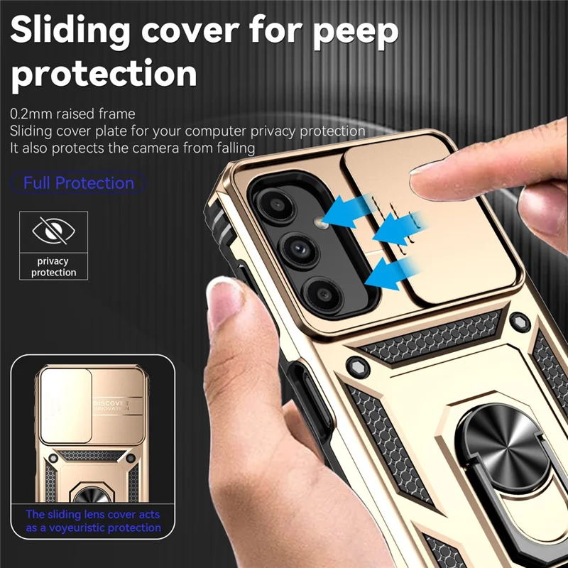 For Samsung Galaxy A14 5G / A14 4G Case PC+TPU Slide Camera Protector Phone Cover with Kickstand - Gold