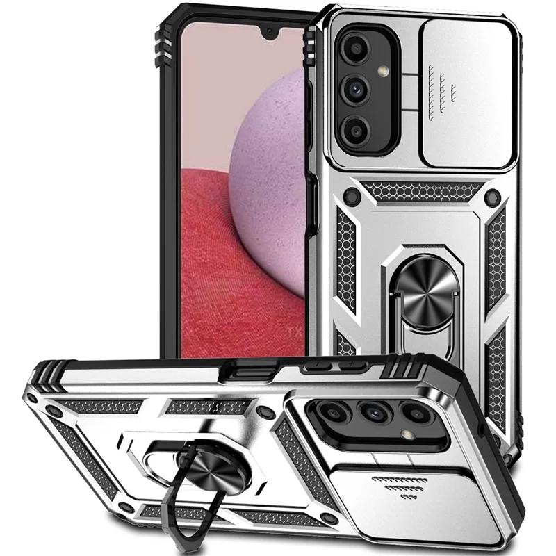 For Samsung Galaxy A14 5G / A14 4G Case PC+TPU Slide Camera Protector Phone Cover with Kickstand - Silver