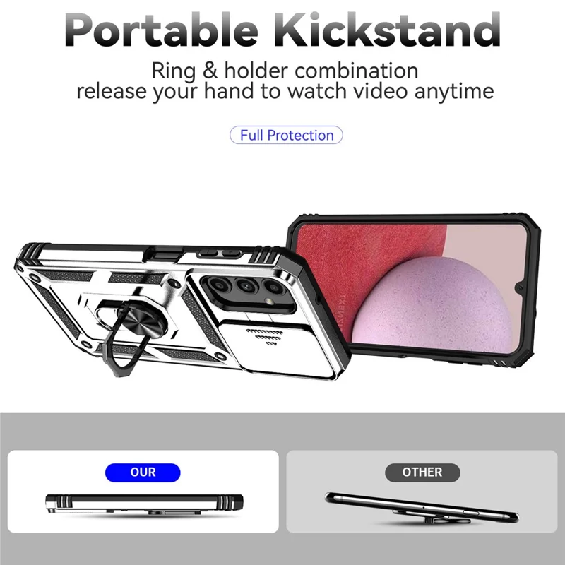 For Samsung Galaxy A14 5G / A14 4G Case PC+TPU Slide Camera Protector Phone Cover with Kickstand - Silver