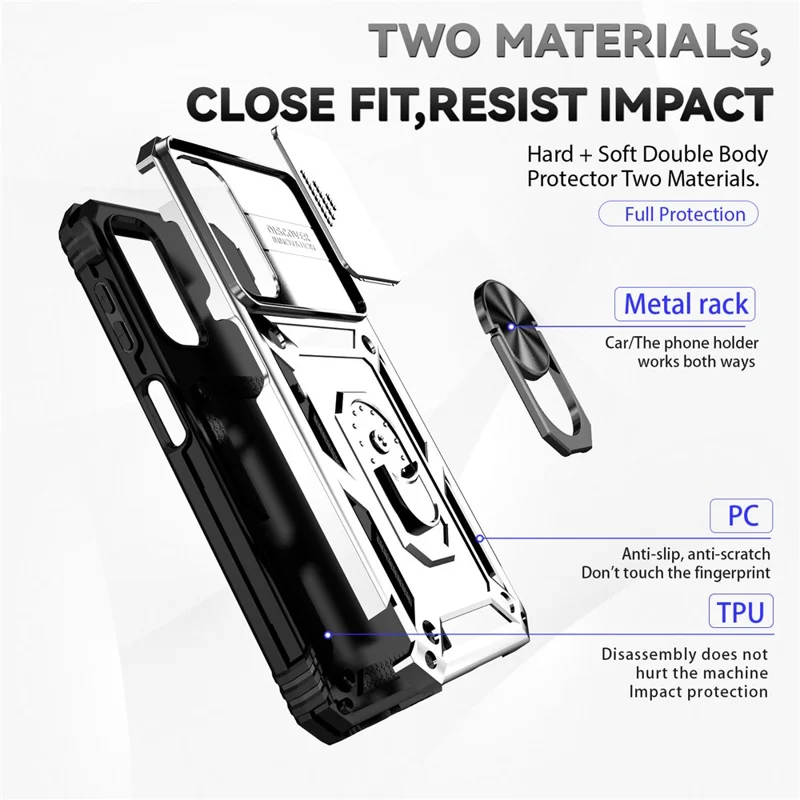 For Samsung Galaxy A14 5G / A14 4G Case PC+TPU Slide Camera Protector Phone Cover with Kickstand - Silver