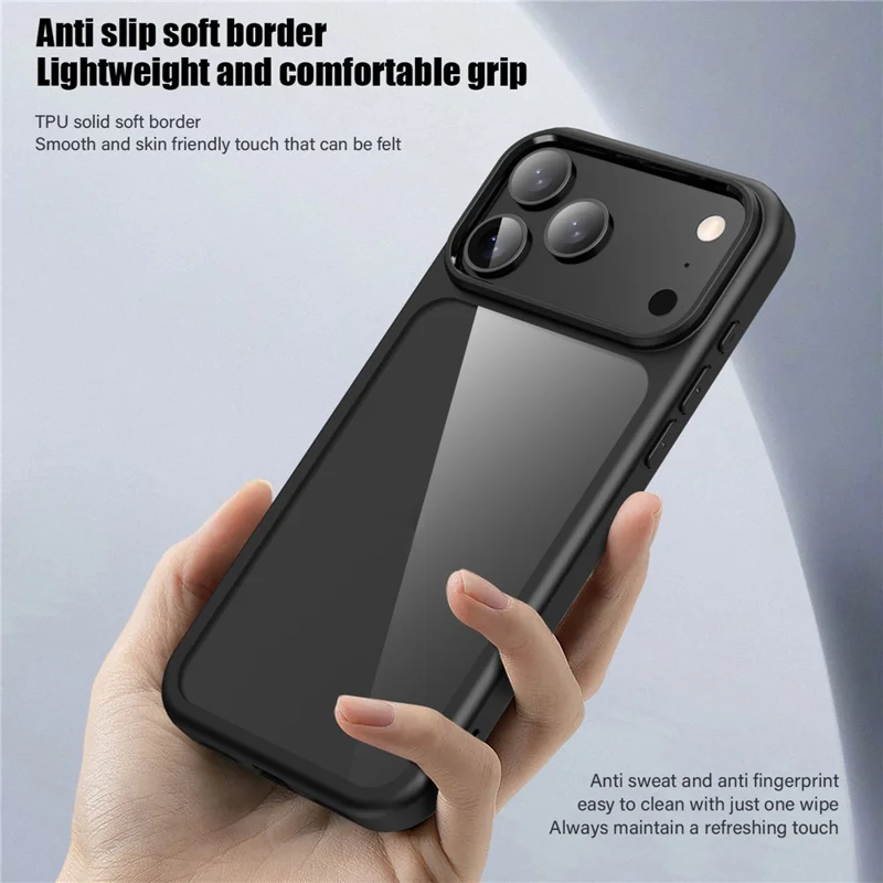 IPAKY For iPhone 17 Pro Max Clear Phone Case TPU + PC Anti-Fingerprint Back Cover - Black