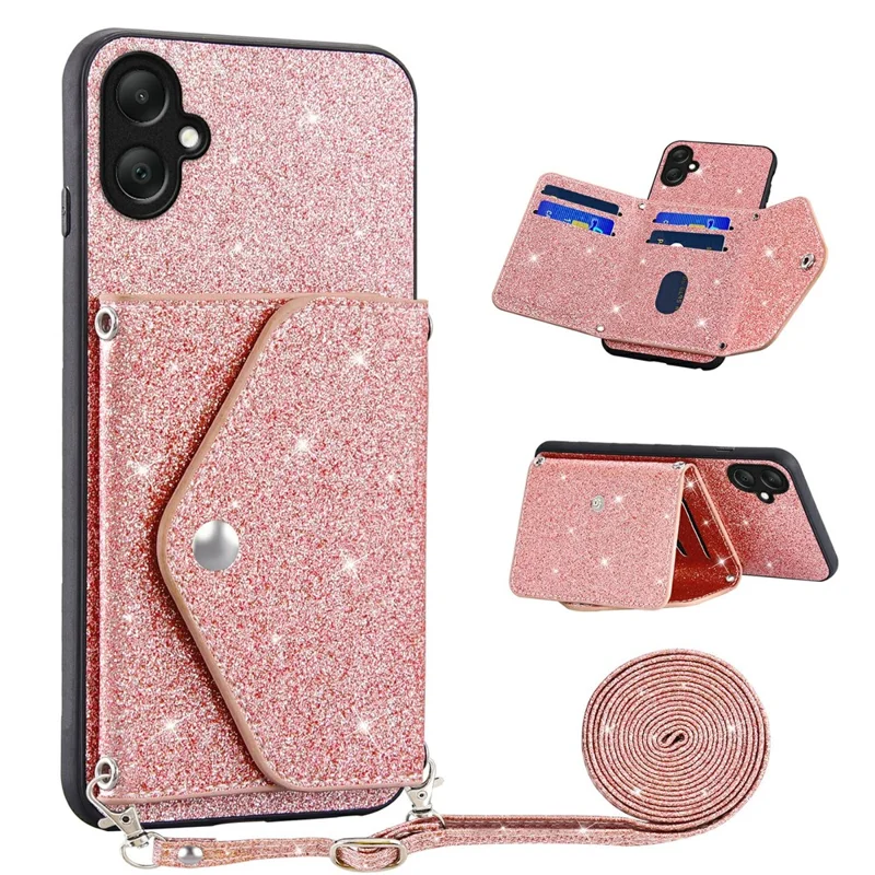 Kartentasche mit Ständer für Samsung Galaxy A07 4G / A07 5G / A06 4G / A06 5G PU-Leder + TPU-Glitter-Handyhülle mit Schultergurt - Pink