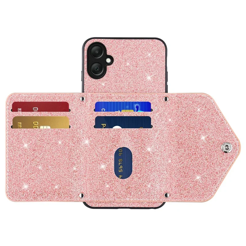 Kartentasche mit Ständer für Samsung Galaxy A07 4G / A07 5G / A06 4G / A06 5G PU-Leder + TPU-Glitter-Handyhülle mit Schultergurt - Pink