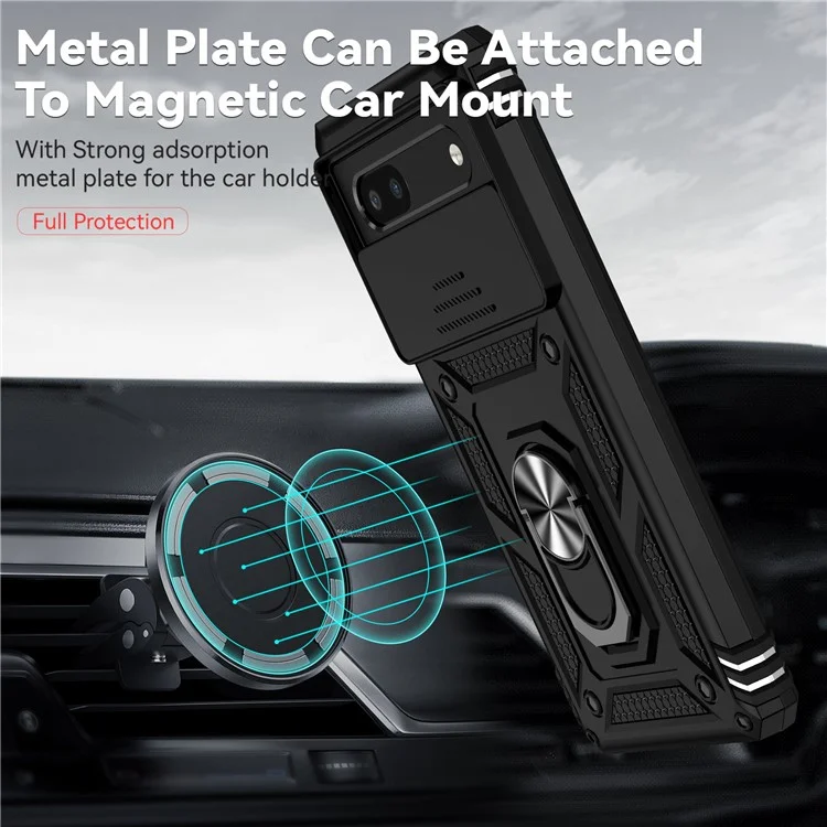 Sturzsichere Rückenschale für Google Pixel 6a, Slidekamerastecker-Design PC + TPU Schutztelefonhülle mit Metallring-Ständer - Schwarz