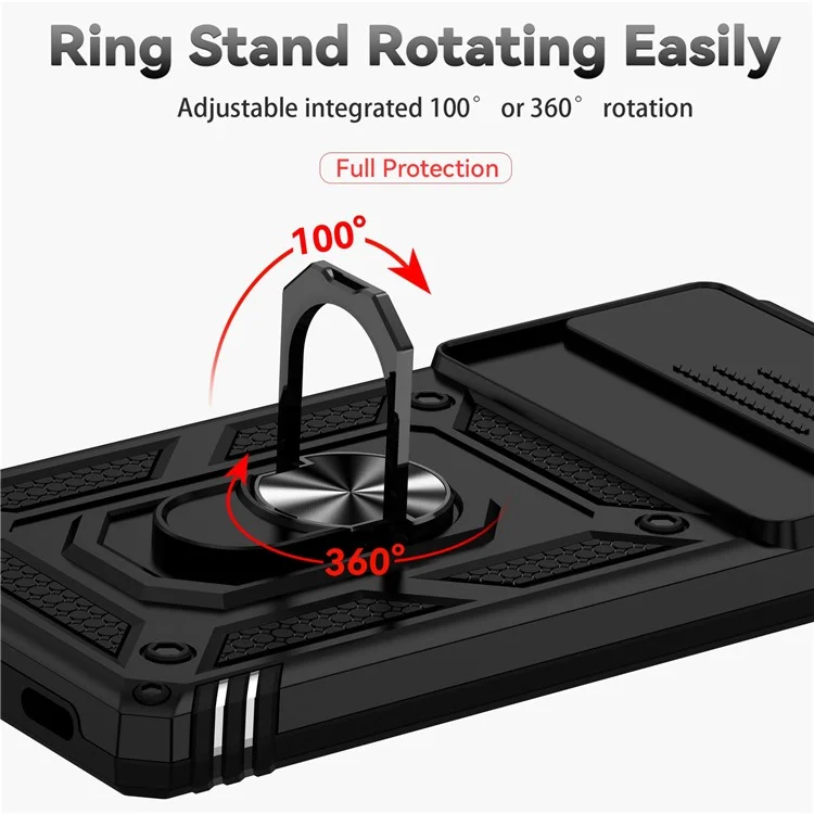 Sturzsichere Rückenschale für Google Pixel 6a, Slidekamerastecker-Design PC + TPU Schutztelefonhülle mit Metallring-Ständer - Schwarz
