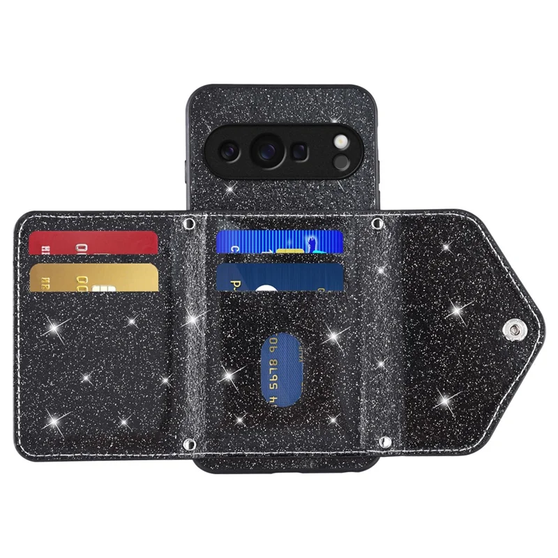 For Google Pixel 10 / 10 Pro Case Card Holder Kickstand PU Leather + TPU Glitter Phone Cover with Shoulder Strap - Black