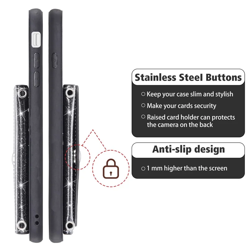 For Google Pixel 10 Pro XL Case Card Holder Kickstand PU Leather + TPU Glitter Phone Cover with Shoulder Strap - Black